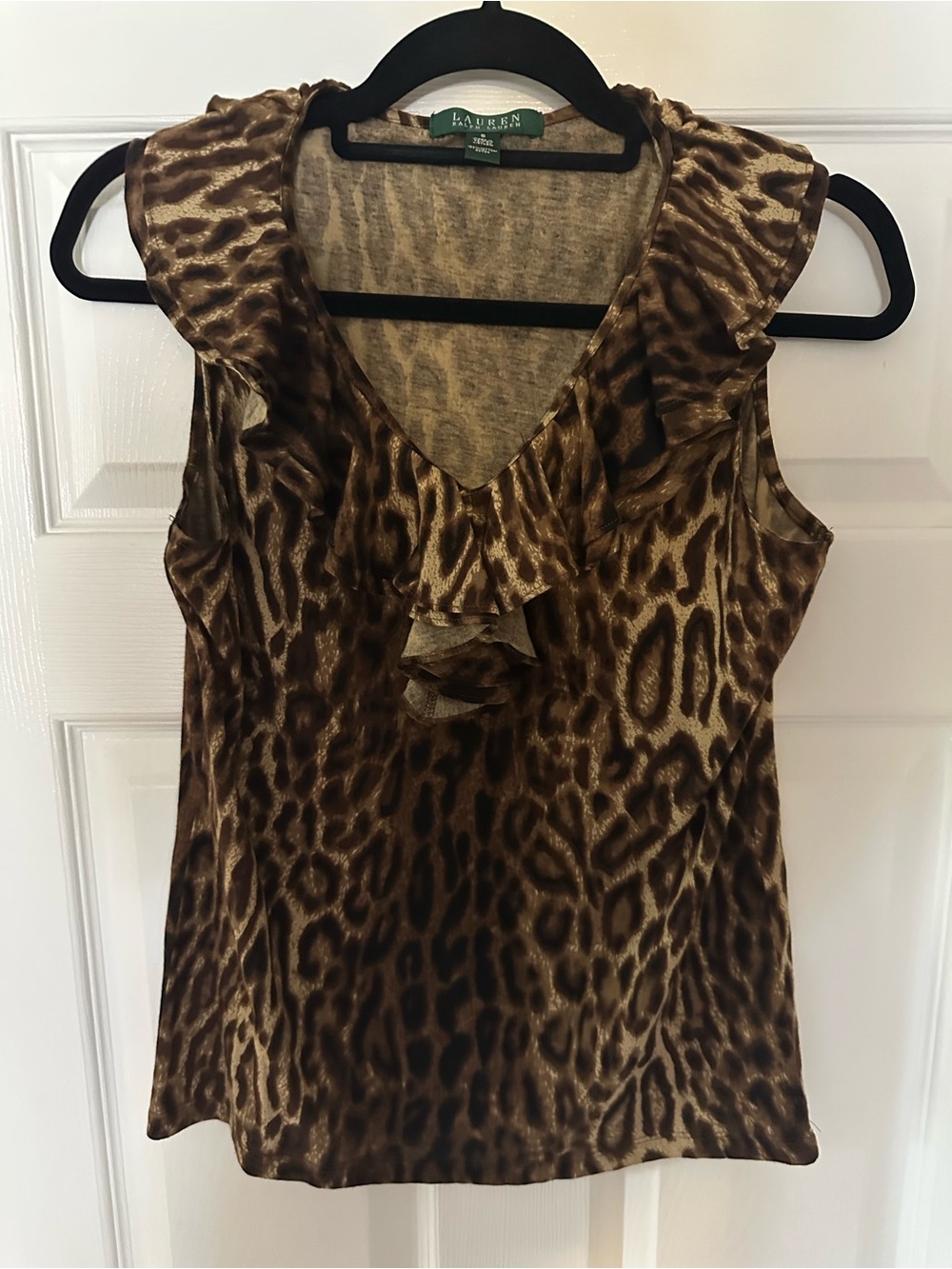 Ralph Lauren Brown Leopard  Cheetah Print Ruffle V-Neck Top Size Small